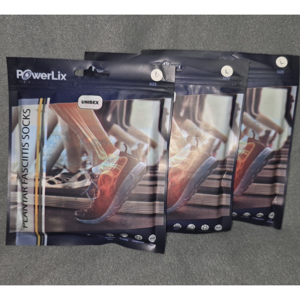 PowerLix Unisex Plantar Fasciitis Socks Black 3 Pairs Size L  Compression New